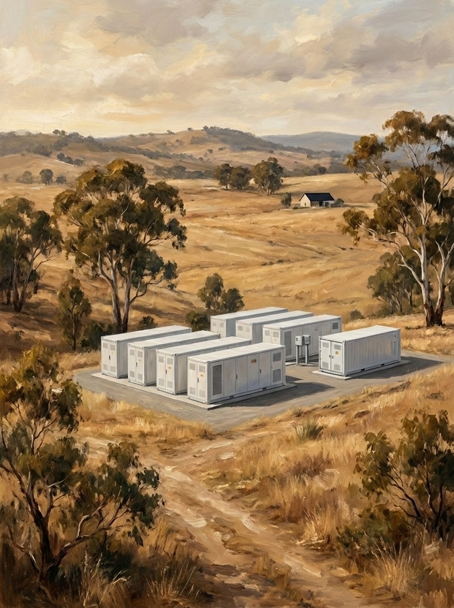 Oil painting of a Volt Reserve battery storage installation in regional Australian farmland, with the cottage in the distance