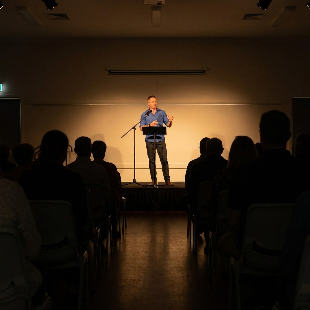 A Volt community engagement session, a representative speaking at a podium to a local audience in a regional town hall