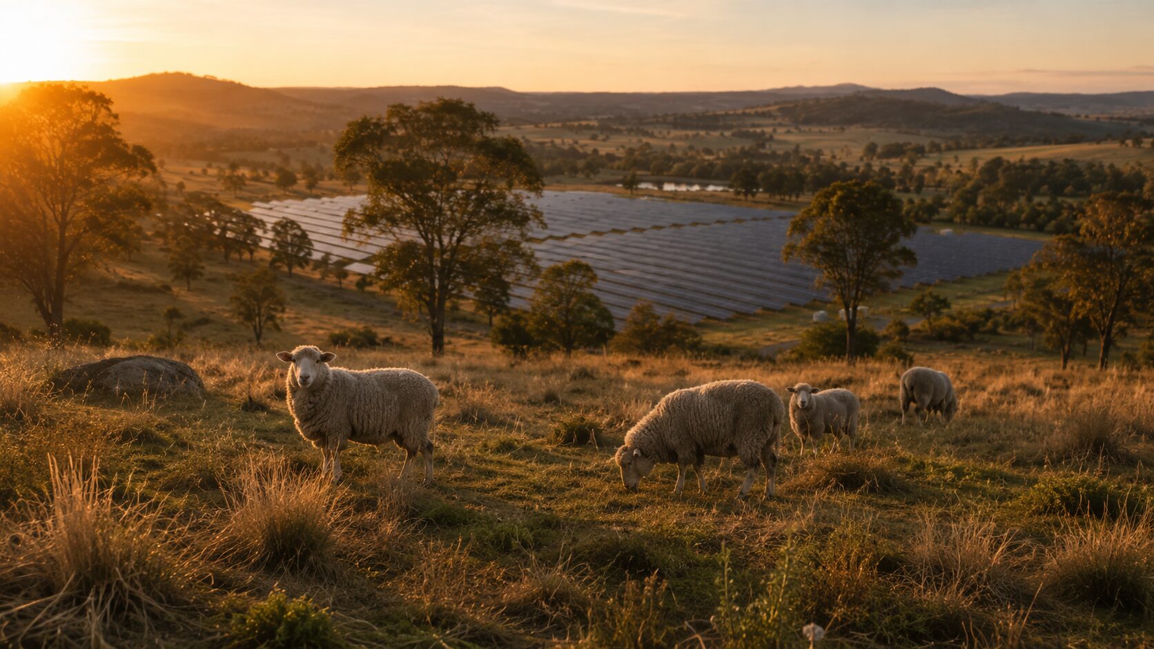 Sheep grazing in open paddock alongside the solar rows.