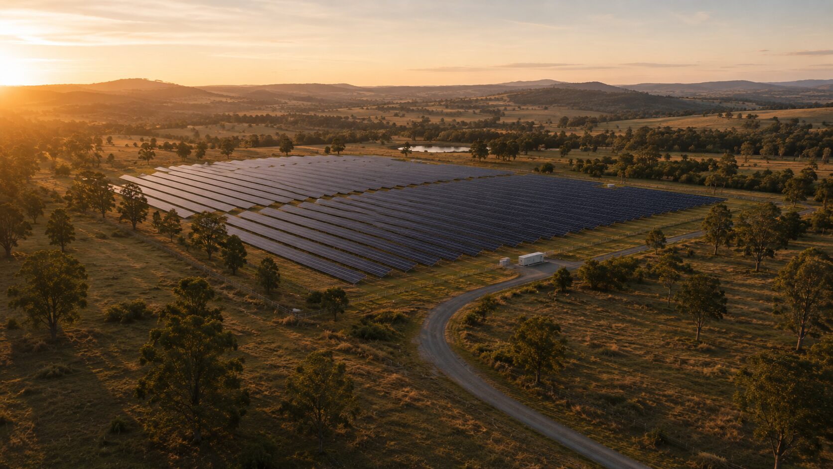 A Volt solar farm sitting steady among dry paddocks.