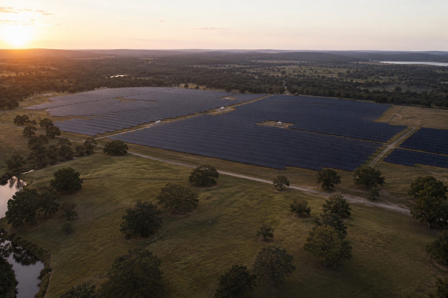 Aerial view of a utility-scale Volt solar farm at golden hour