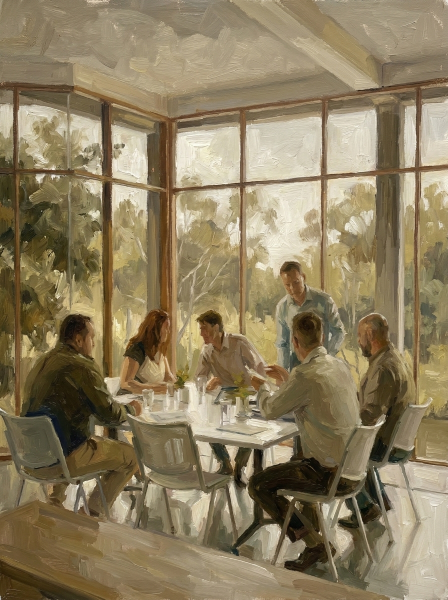 Oil painting of a Volt team meeting around a table in a glass-walled room with eucalyptus trees outside