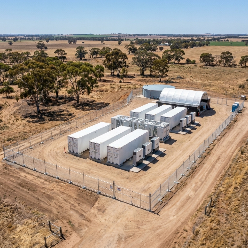 Aerial photograph of a Volt Reserve battery storage facility in regional Australian farmland