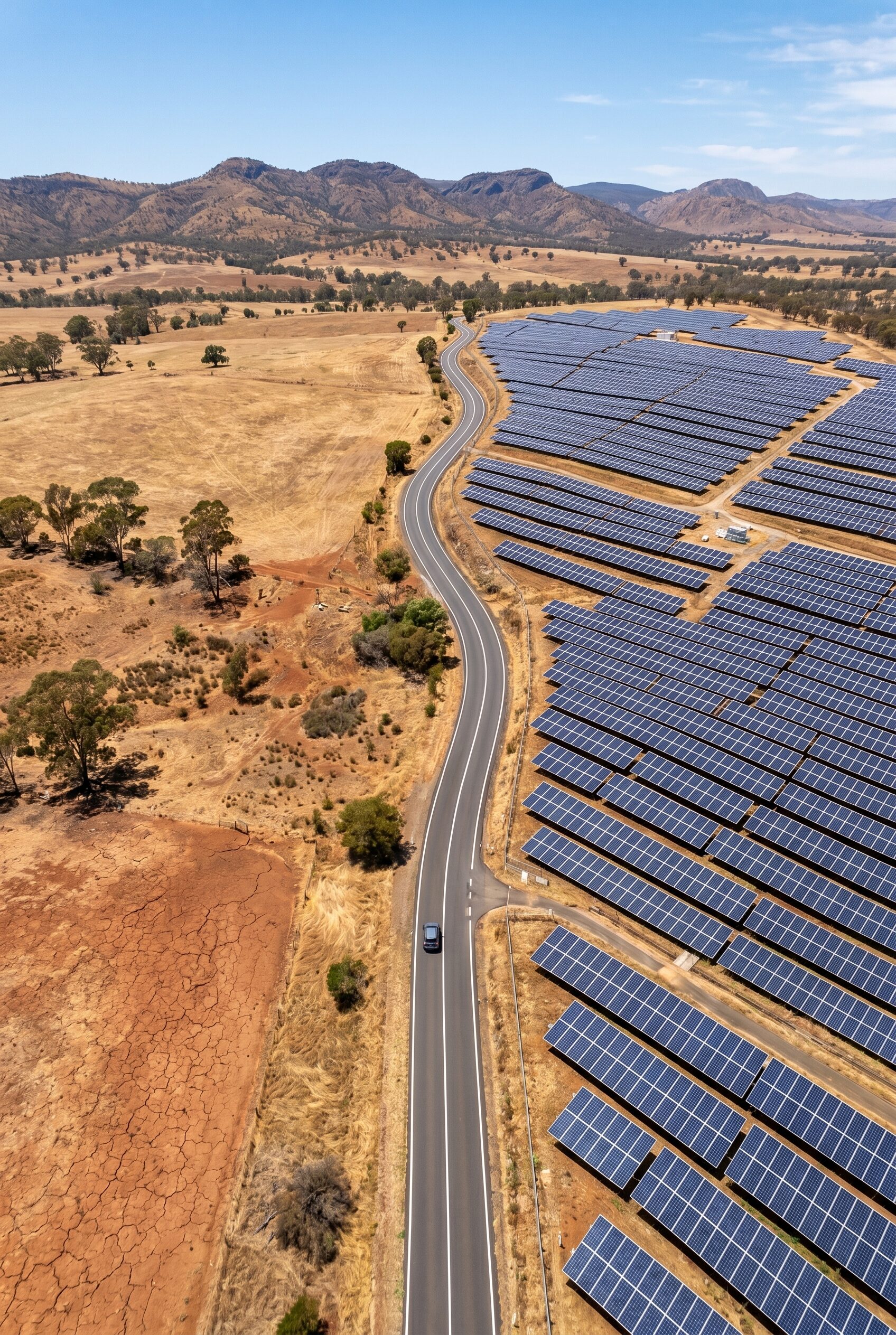 Aerial view of a country road running between dry paddocks and rows of solar panels, hills in the distance.