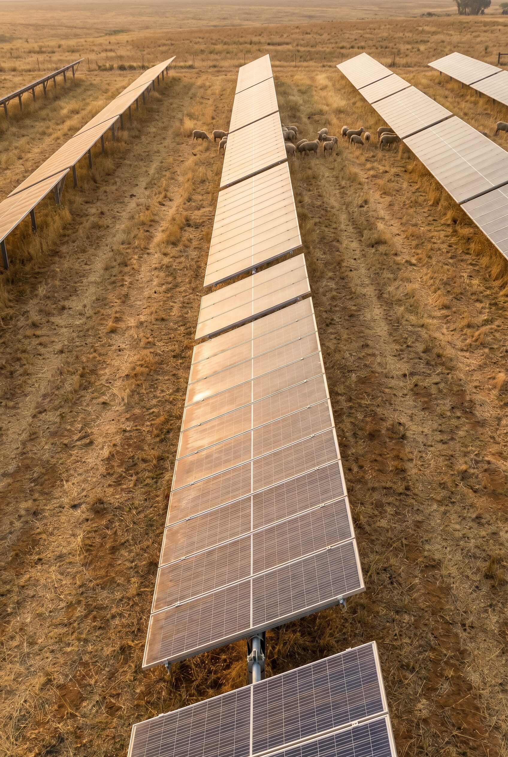 Looking down a long row of solar panels in golden farmland, sheep grazing between the rows.