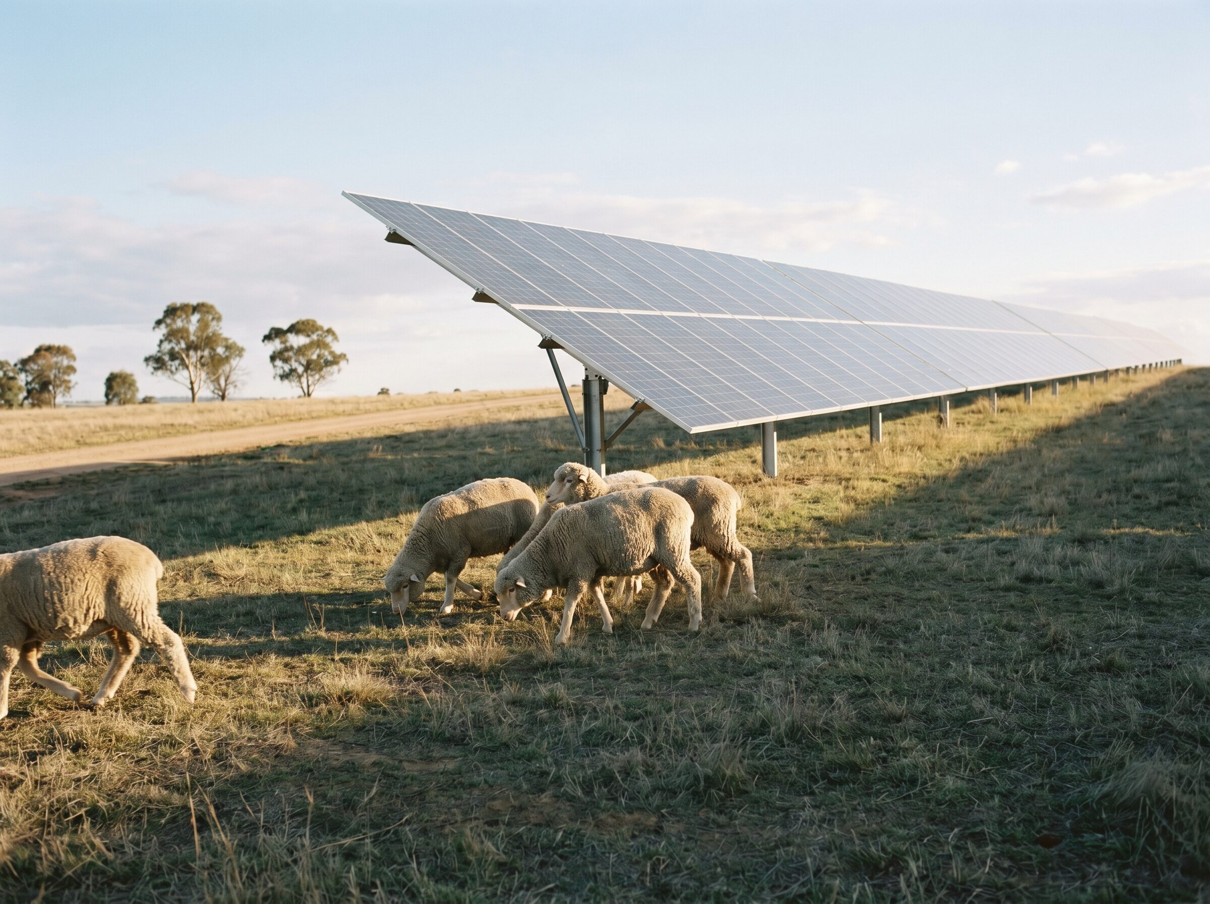 Merino sheep grazing beside a long row of solar panels in evening light.