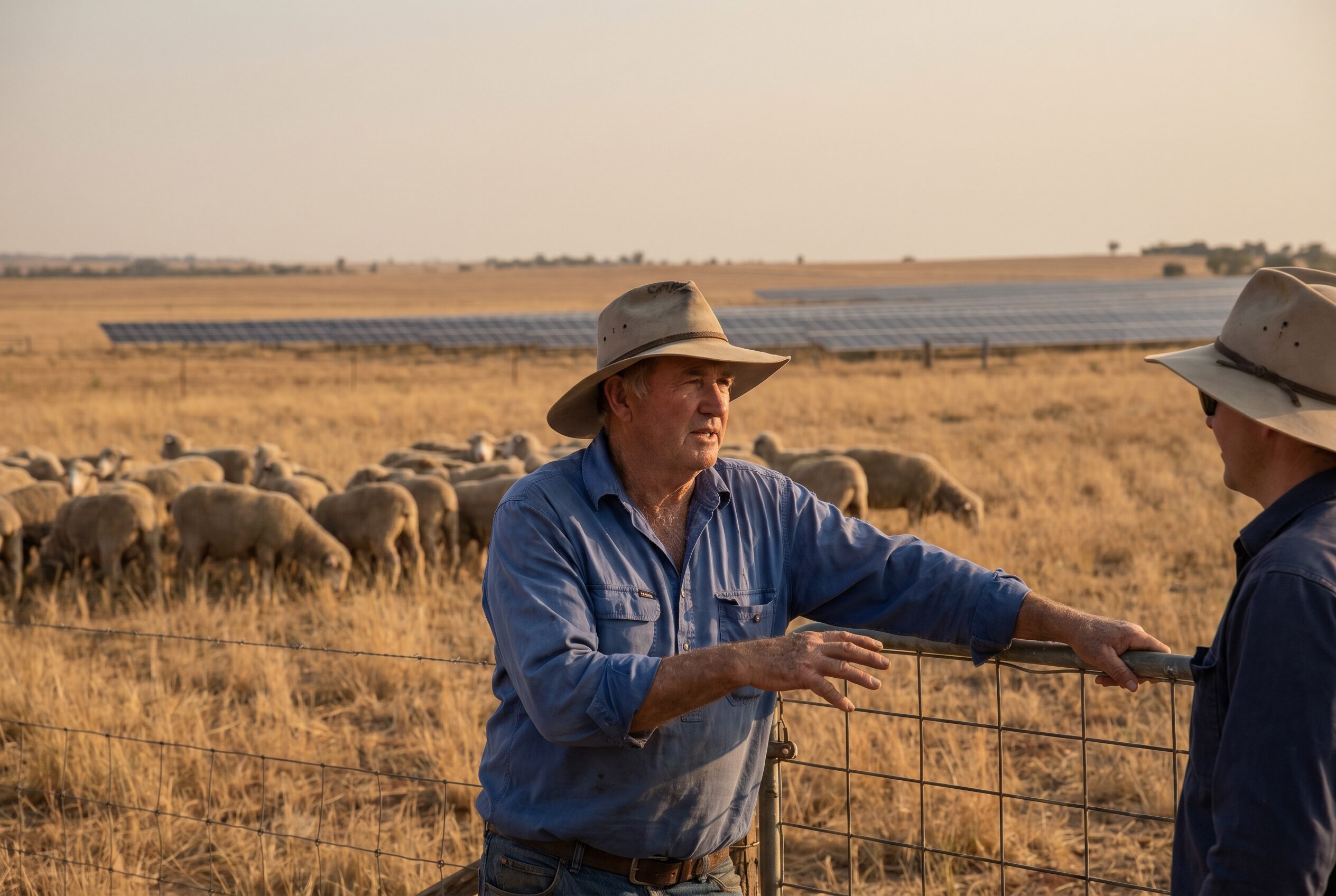 A farmer at a paddock gate talking with a visitor, sheep grazing behind them and solar panels low across the land.