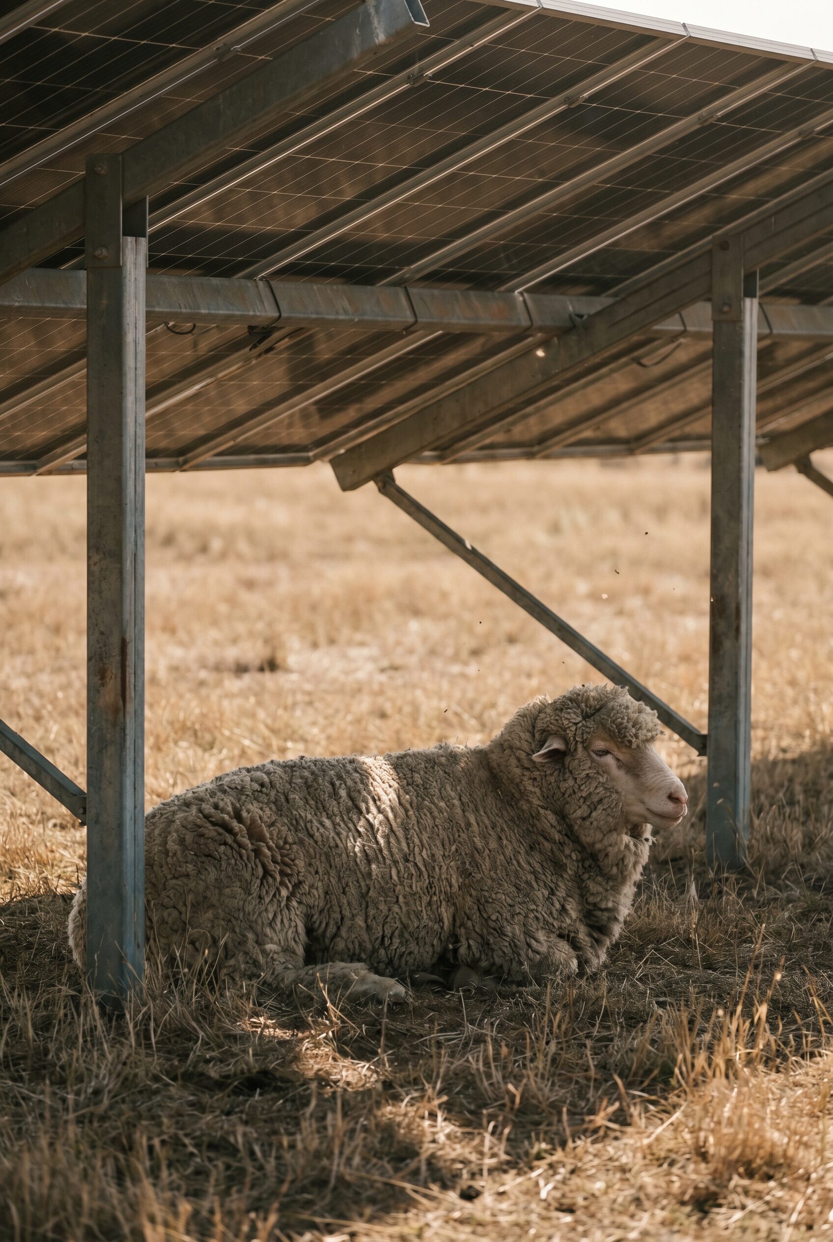 A merino sheep resting in the shade beneath a solar panel.