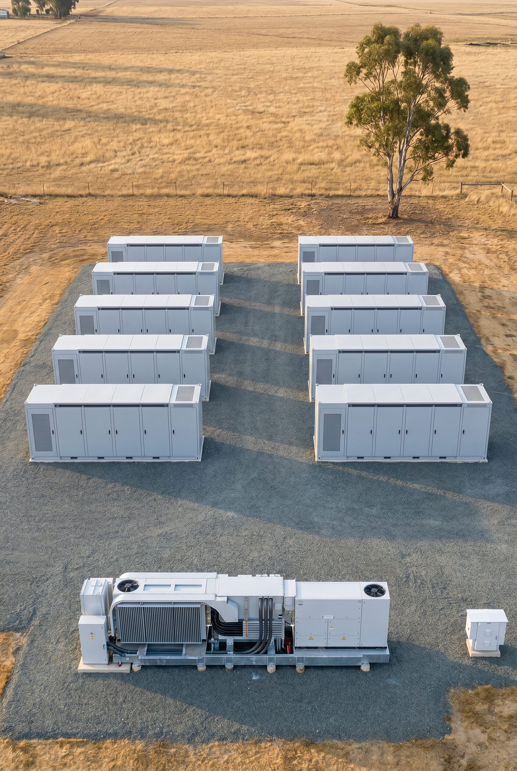 Rows of white battery storage cabinets on a gravel pad in dry farmland, inverter skid at the front.