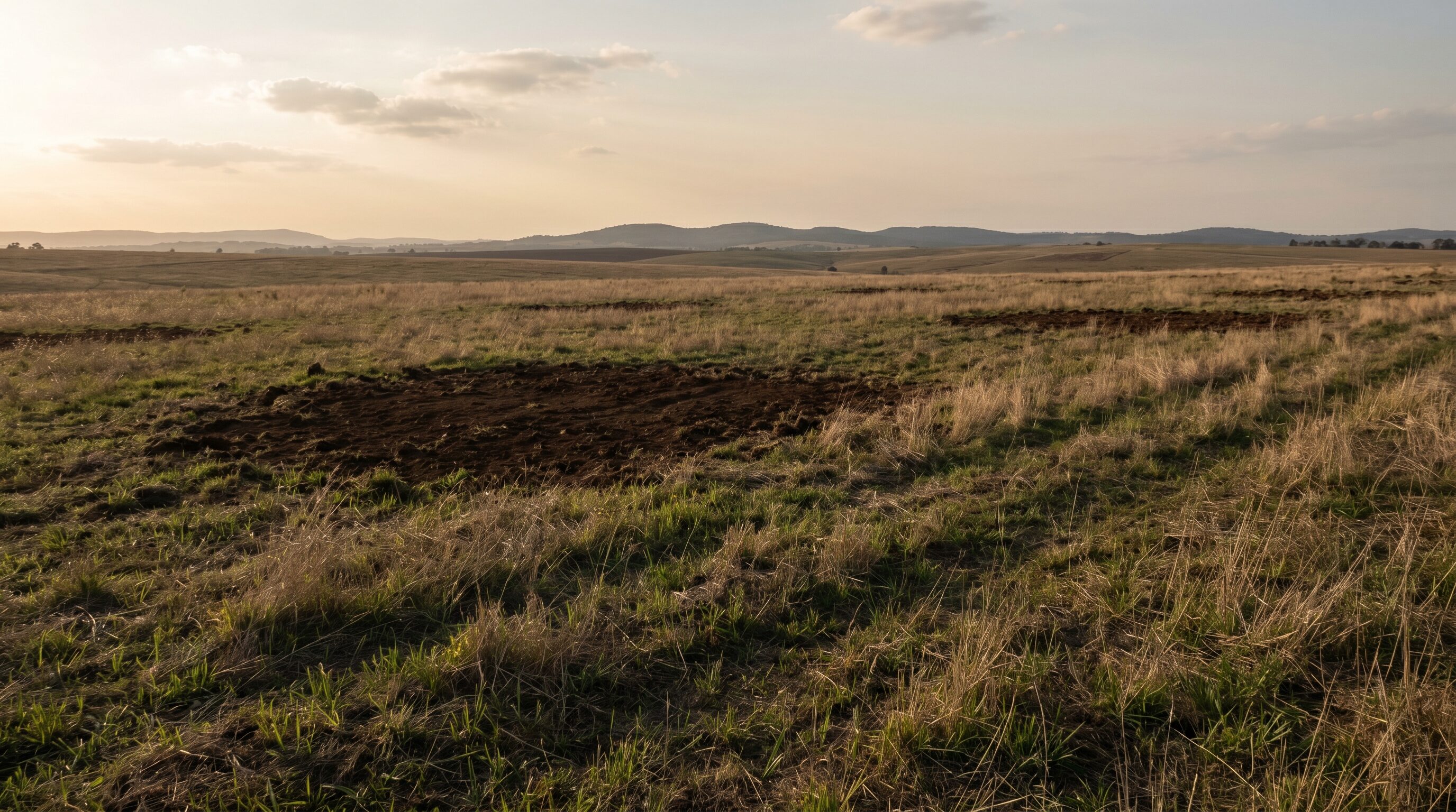 Open paddock of regrowing green and gold grass, patches of healing soil, no structures left on the land.