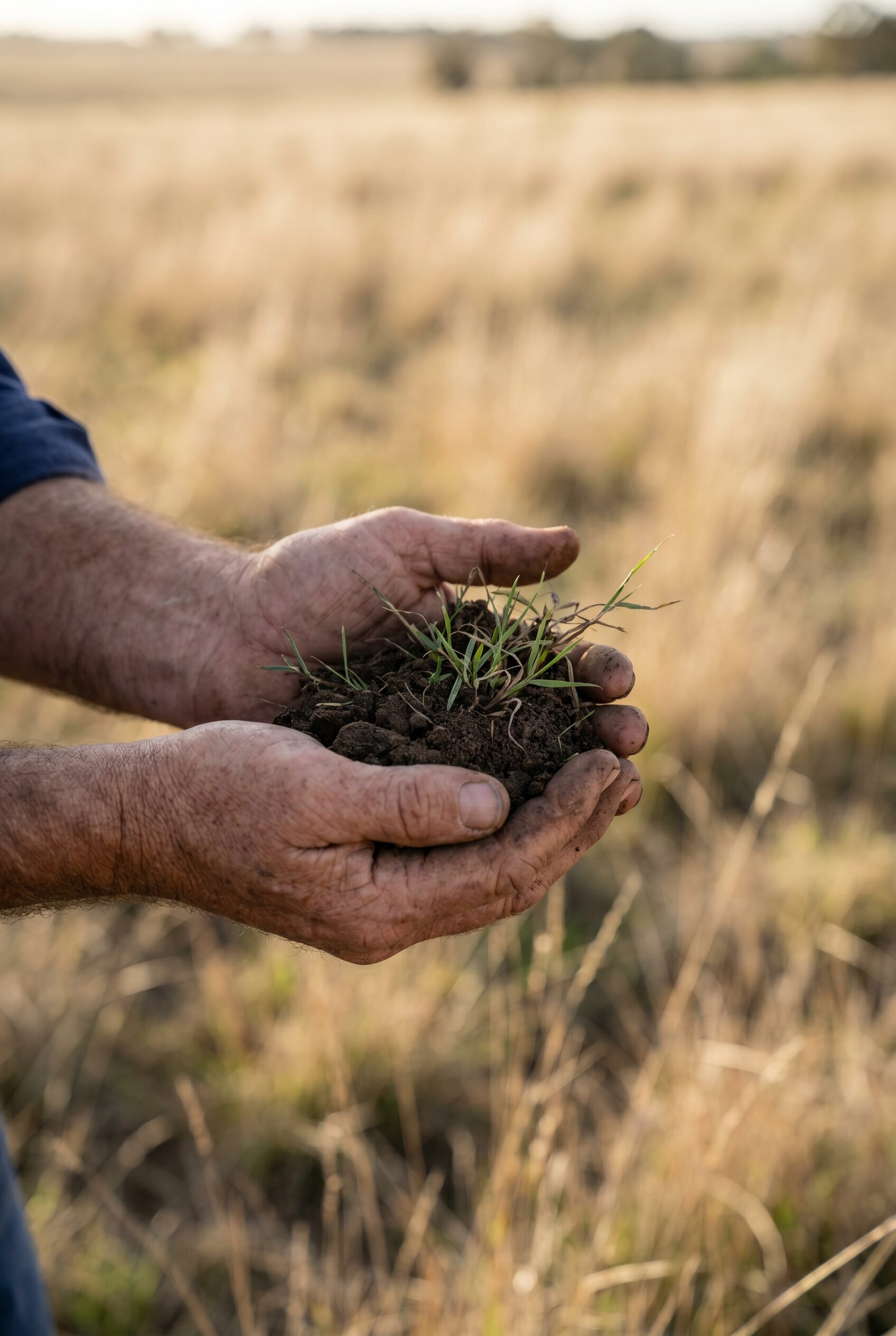 Weathered hands cupping dark soil and young native grass over regrown pasture.