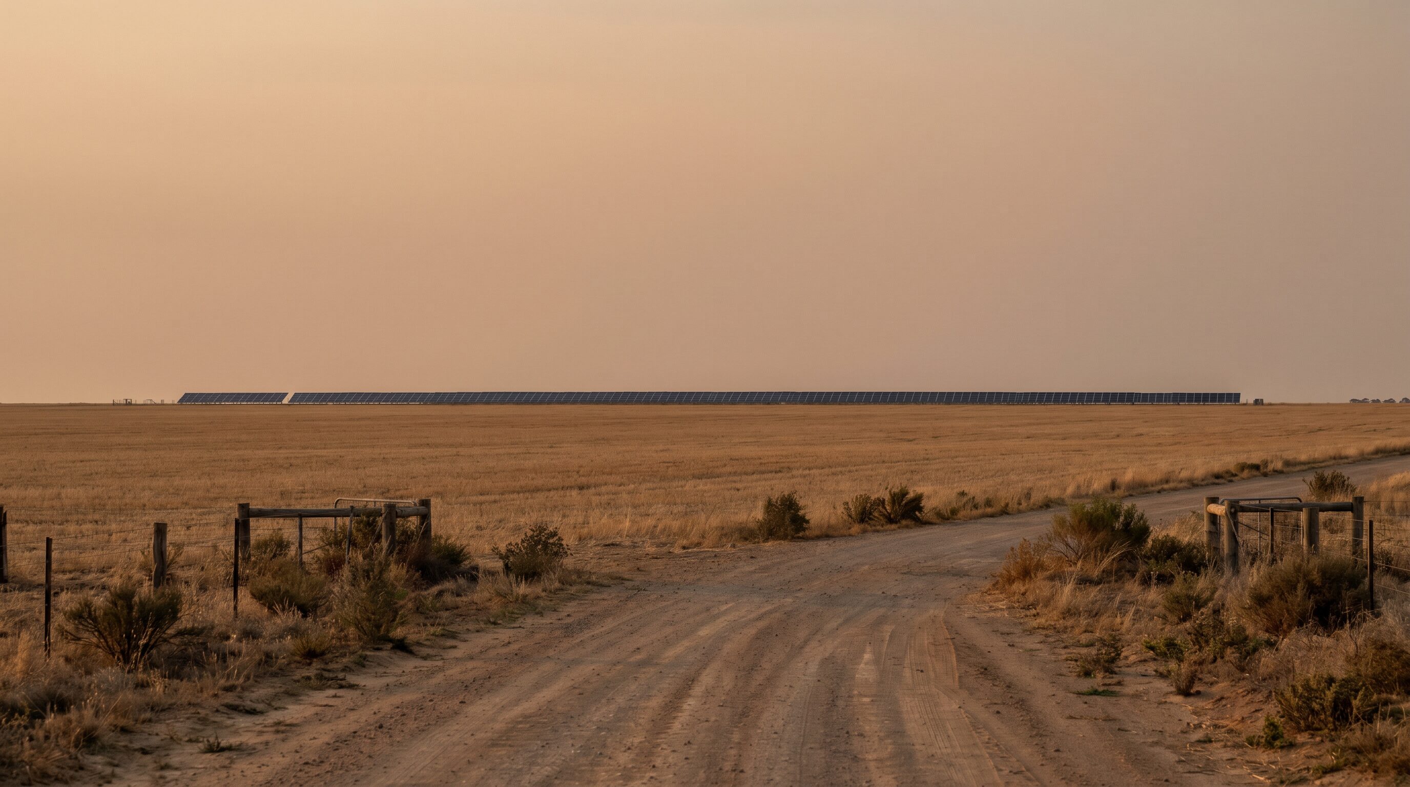 A small solar farm as a thin line on the horizon across vast flat farmland.