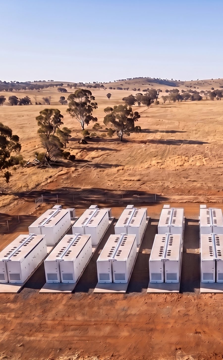 Aerial view of a Volt Reserve battery site, white containers and water tanks on a compact pad in dry Australian farmland.