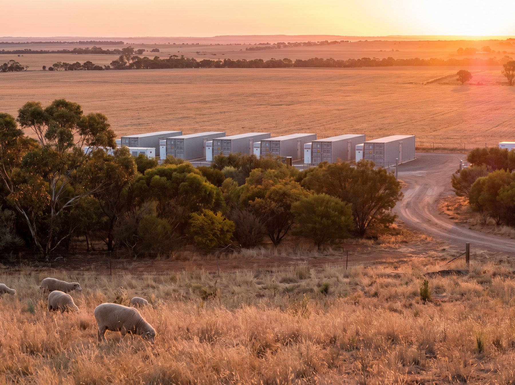 A Volt Reserve battery site set behind a screen of gum trees on the edge of a golden wheat paddock at sunset, sheep grazing in the foreground.