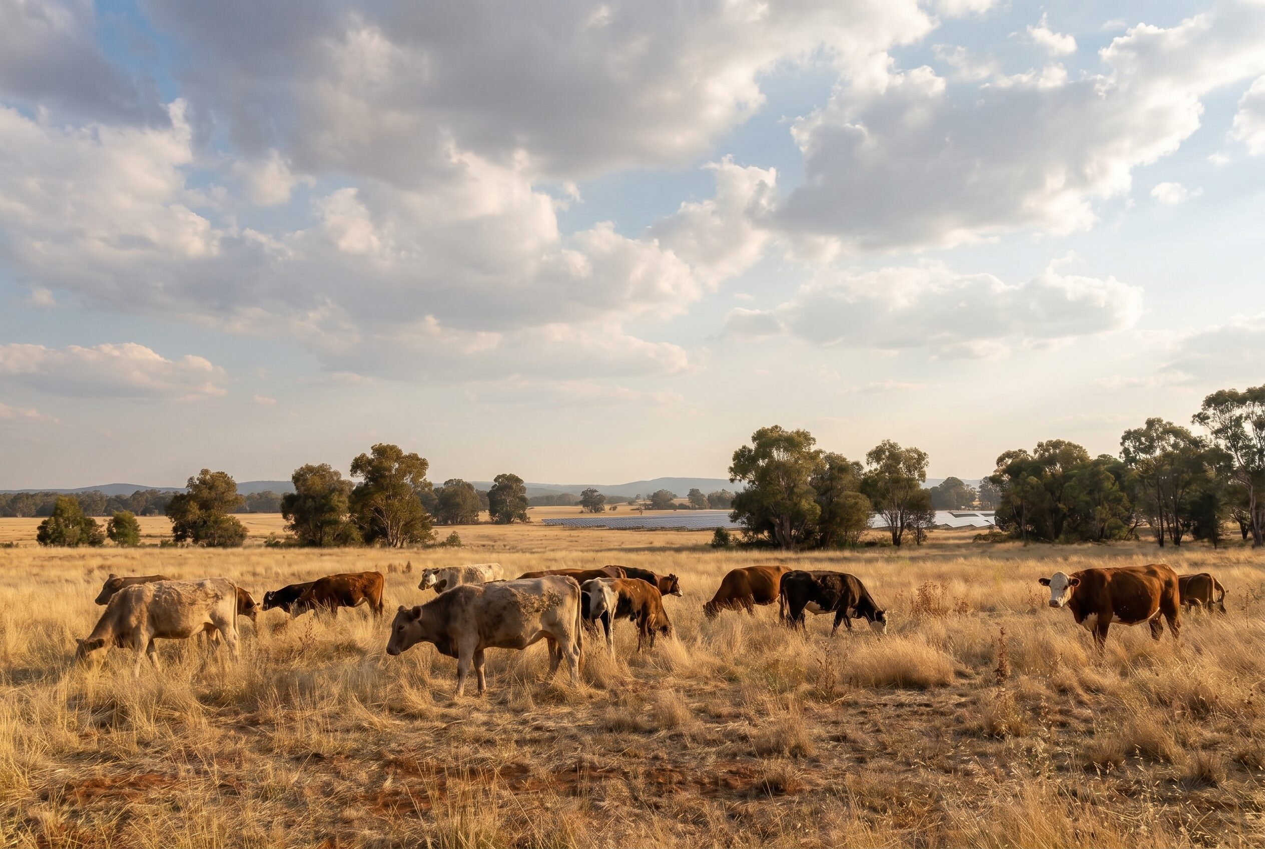 Cattle grazing dry summer grassland with the Volt solar farm sitting low in the distance.