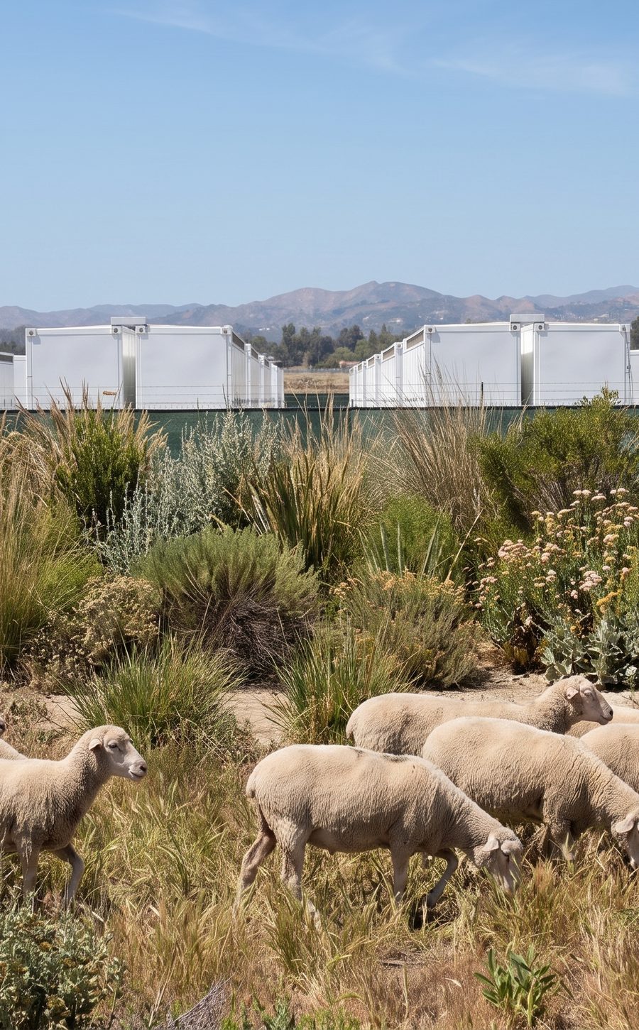 Sheep grazing in native grasses beside a long row of white battery storage containers, hills in the distance.