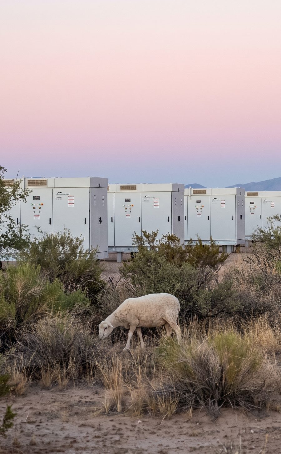 Sheep grazing in open scrub in front of a low row of white battery storage cabinets at dusk.